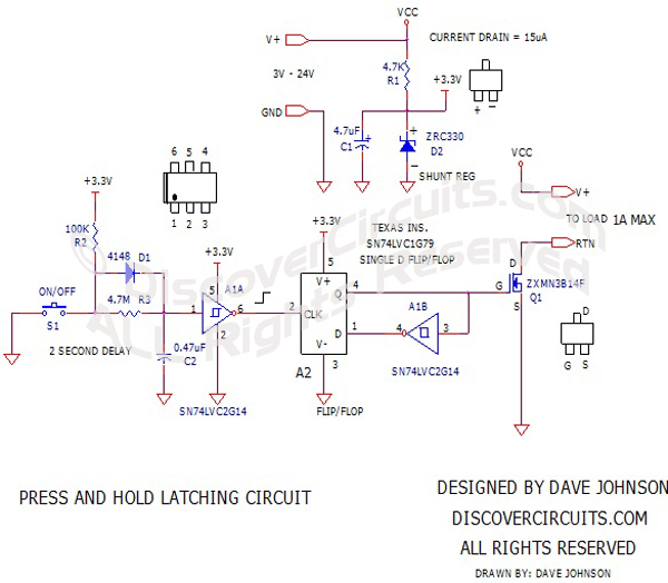 Press and Hold Latching Circuit designed by Dave Johnson
